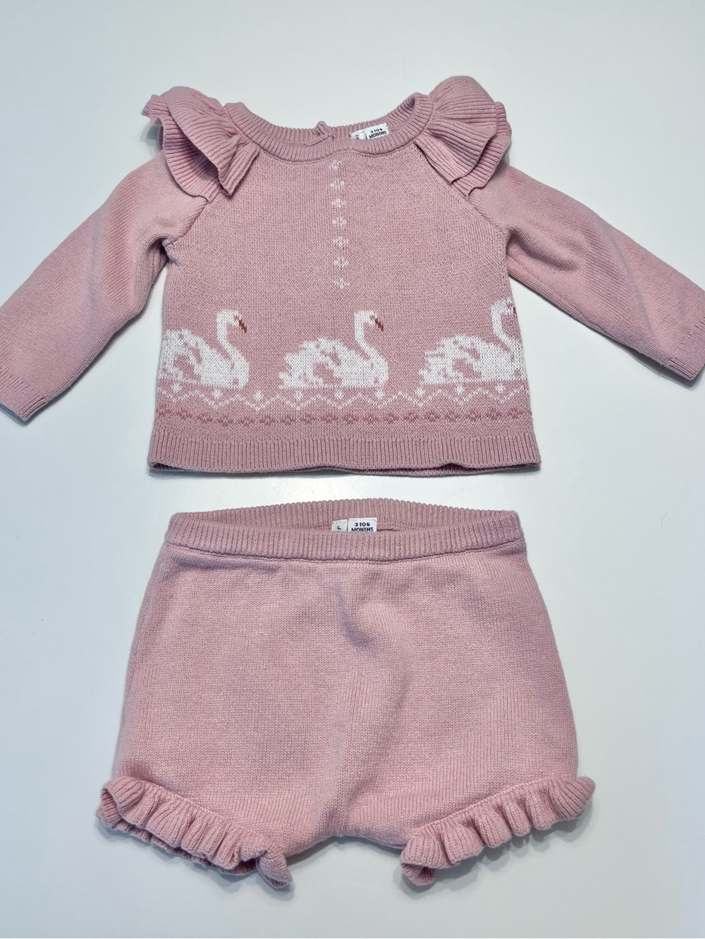 Janie and Jack Pink Swan Knit Two-Piece Baby Set